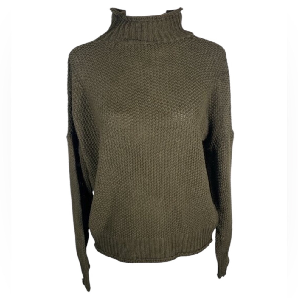 Olive Green Mockneck Highneck Reversed Open Knit Long Sleeve Pullover Sweater L
